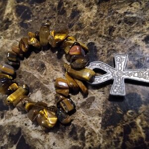 Tiger's Eye Stone Bracelet with Ankh Pendant